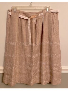 NIC + ZOE Tan Beige Linen Embroidered Skirt with Ribbon Tie Waist Size 12